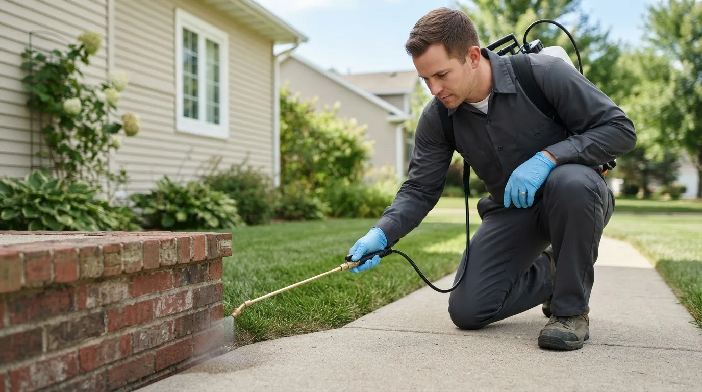 Pest control technician treating a home near Stewart, TN